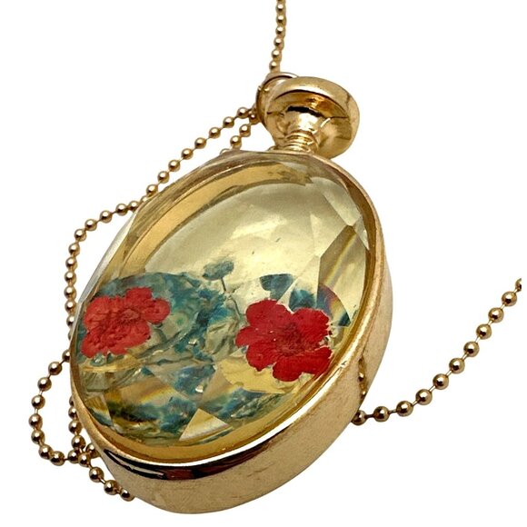 Urban Outfitters Pressed Floral Pendant Necklace Acrylic Gold Tone Timeless - Picture 1 of 6